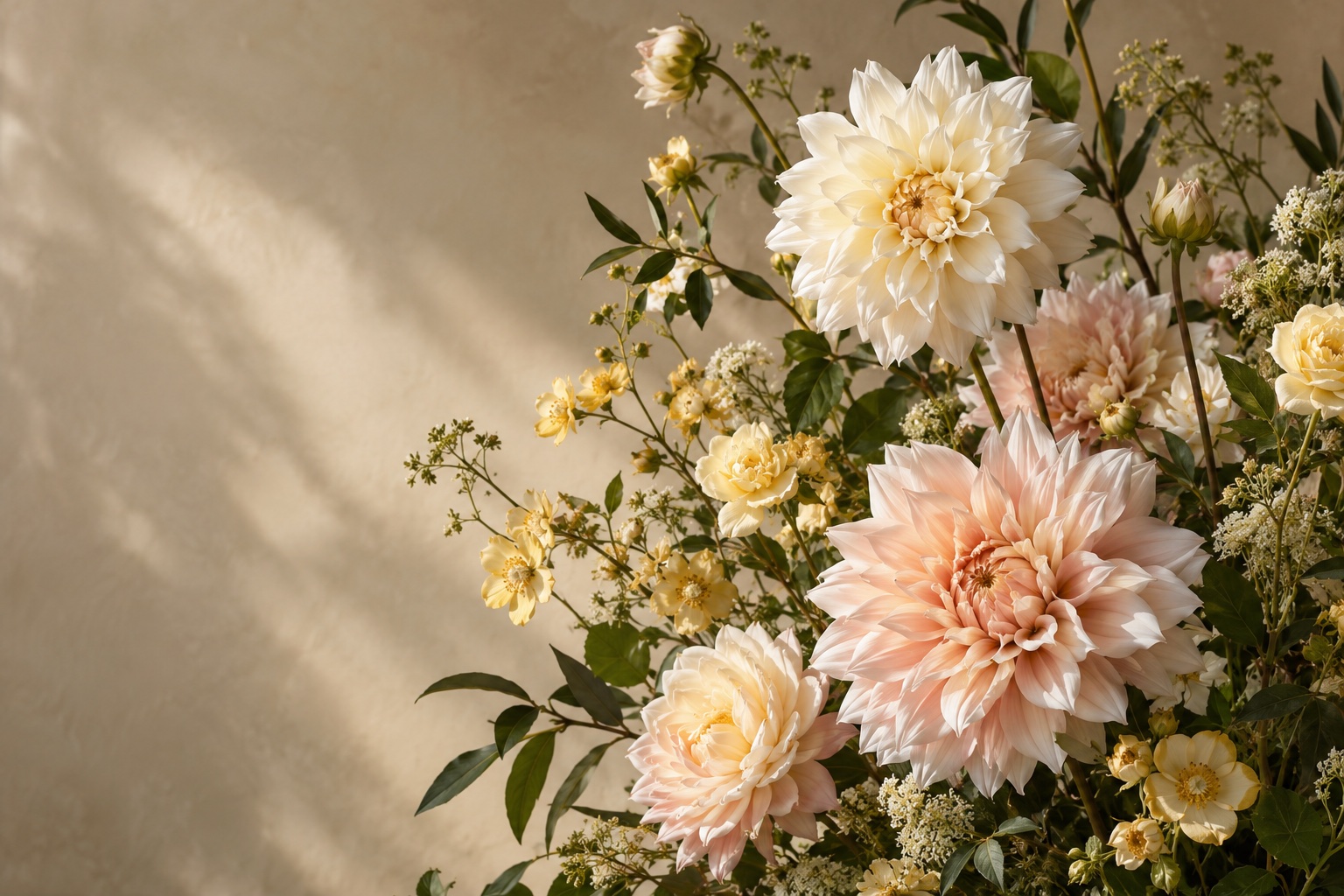 Illustrative AI botanical study of cream, blush and yellow flowers; not actual shop products